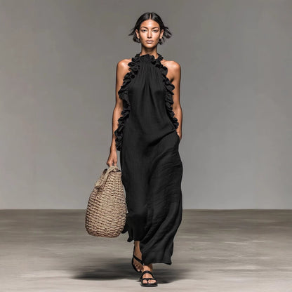Women Sleeveless Halter Neck Ruffle Dress