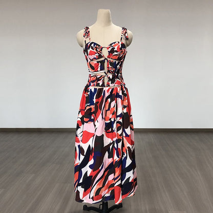 Bohemian dress, large swing beach skirt, summer strap, V-neck print, sleeveless backless new style