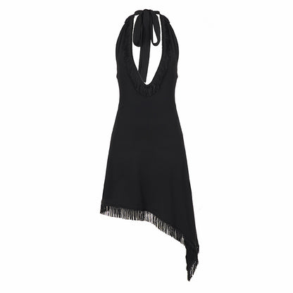 Sexy Tassel Patchwork Deep V Halter Neck Dress