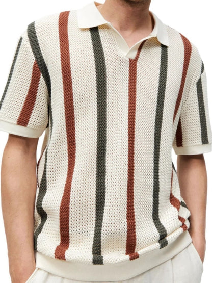 Summer striped contrasting lapel short sleeved t-shirt