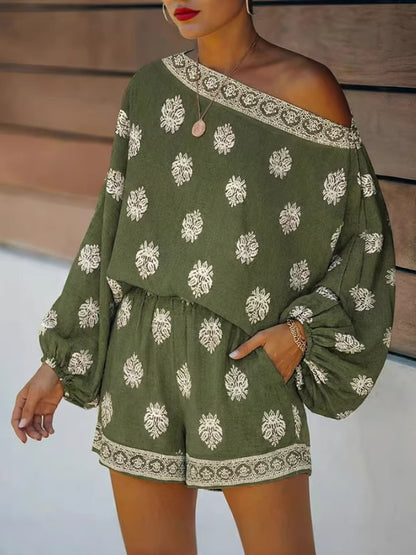 Bohemian Cross-Collar Lantern Sleeve Printed Jumpsuit