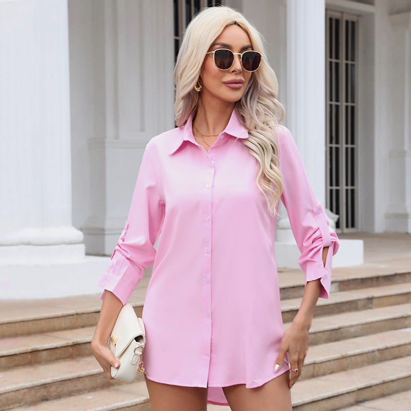 2026 Custom-Made European and American Amazon Export White Shirt for Women, Mid-Length, Bf Style, Loose Long-Sleeved Chiffon Shirt
