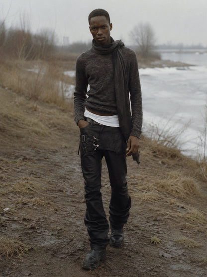 Unisex Multi-Pocket Deconstructed Layered Coated Slightly Flared Denim Jeans