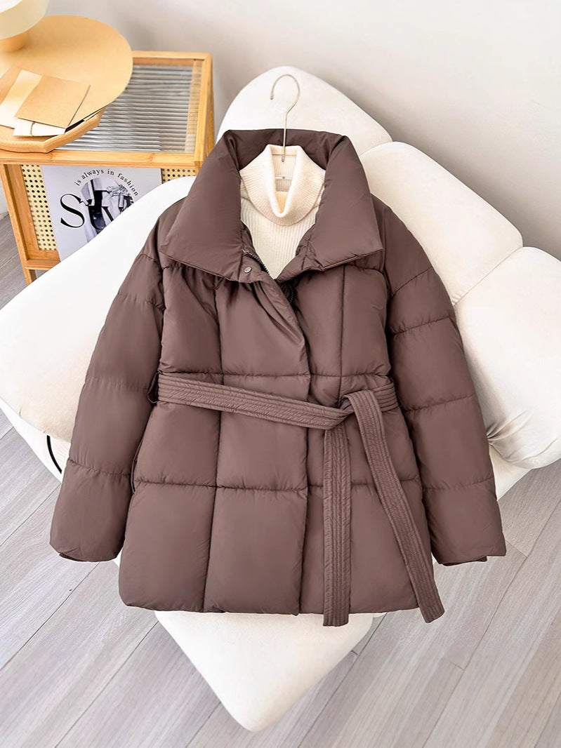 Mid-length womens winter coat with belt