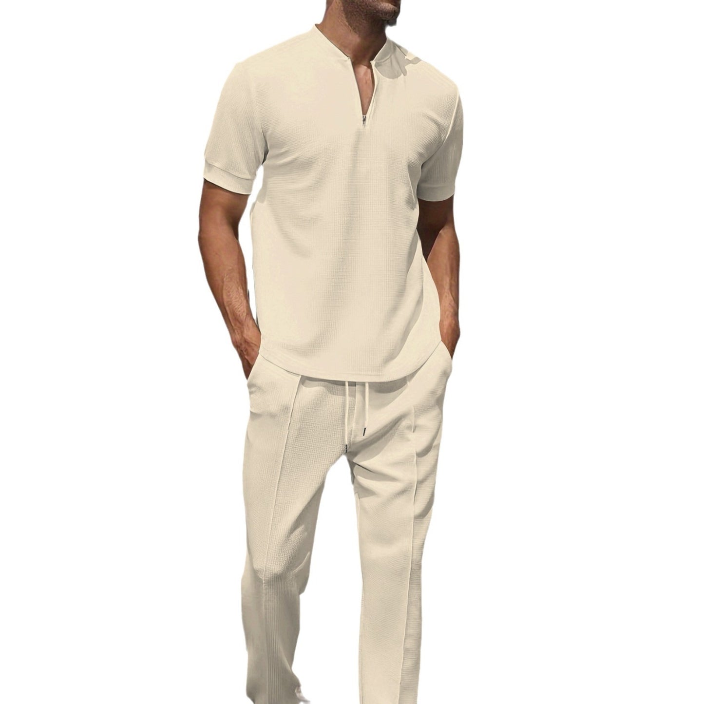 Heren wafelkraag effen kleur rits korte mouwen broekset