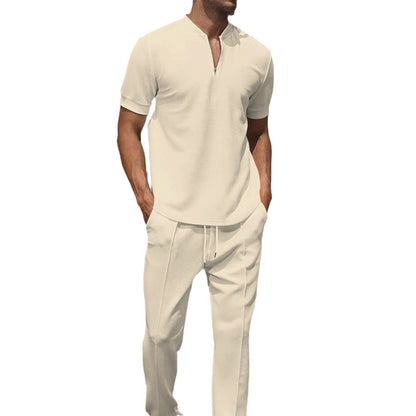 Heren wafelkraag effen kleur rits korte mouwen broekset