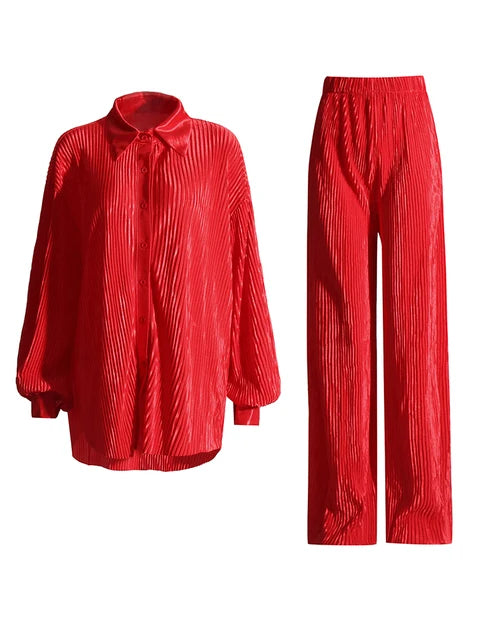 Casual geplooide tweedelige set voor dames: overhemd met revers lange mouwen en broek met rechte pijpen