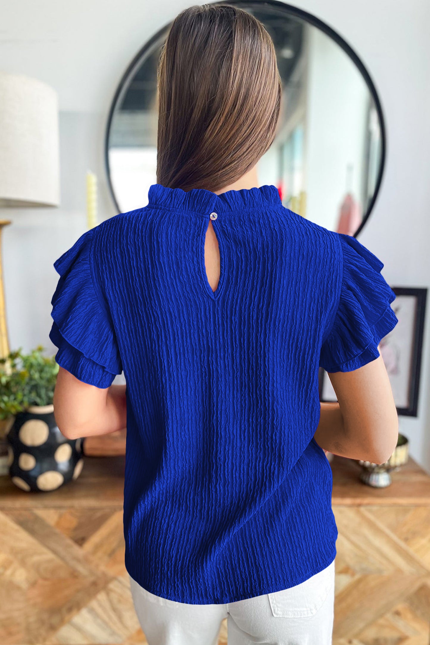 Effen blouse met textuur en ruches korte mouwen