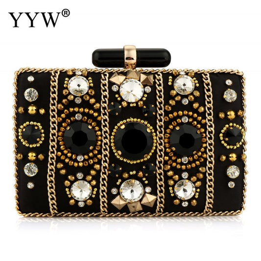 Zwarte satijnen clutch in bohemian stijl met strass steentjes