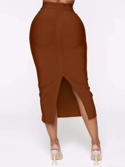 Sexy Open Fork Split Brown Bandage Skirts Long Midi Tight Pencil Bodycon XL Skirts High Waist Quality Office Lady Skirts