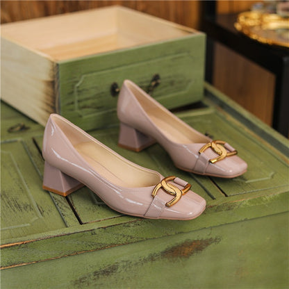 332-8 Sheepskin Square Head High Heels Ladies Thick With French Retro Patent Leather Metal Autumn High Heels