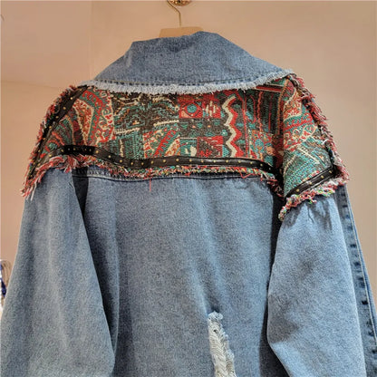 Dames etnisch geometrische bloemen geborduurde denimjack met klinknagels