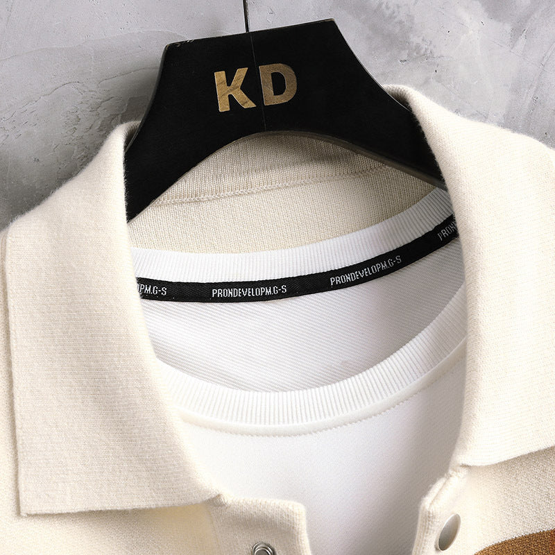 Mens Lapel Color Block Knitted Cardigan