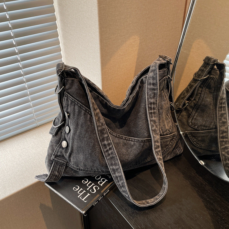 Women's Denim Shoulder Bag Large Capacity Tote Bag with Zipper Closure
