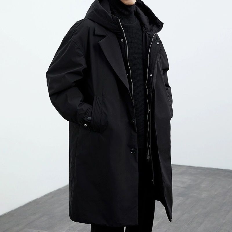 Men's faux two-piece hooded mid-length windbreaker