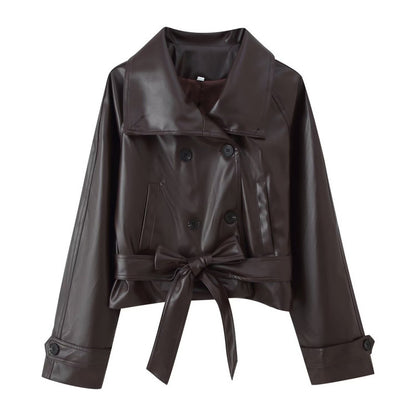 Retro Two-Tone Double-Breasted Leather Jacket with Tie Detail