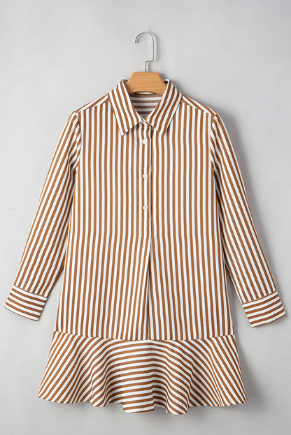 Bruin gestreepte blouse-jurk met ruches aan de zoom kraag en lange mouwen