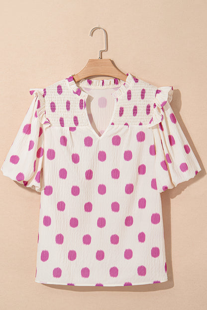 Blouse met stippenprint gesmokte halslijn en korte ballonmouwen