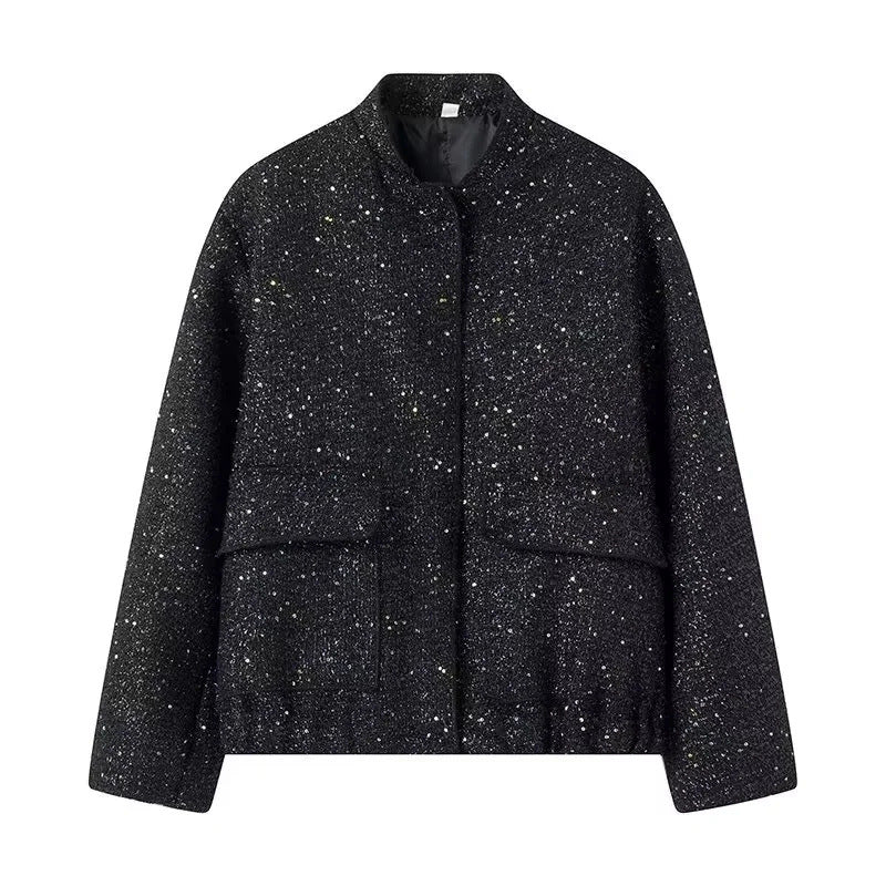Women's Beaded Round Neck Long Sleeve Loose Polyester Jacket