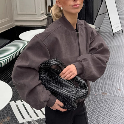 Suède American High Street staande kraag bomberjack met lange mouwen en rits