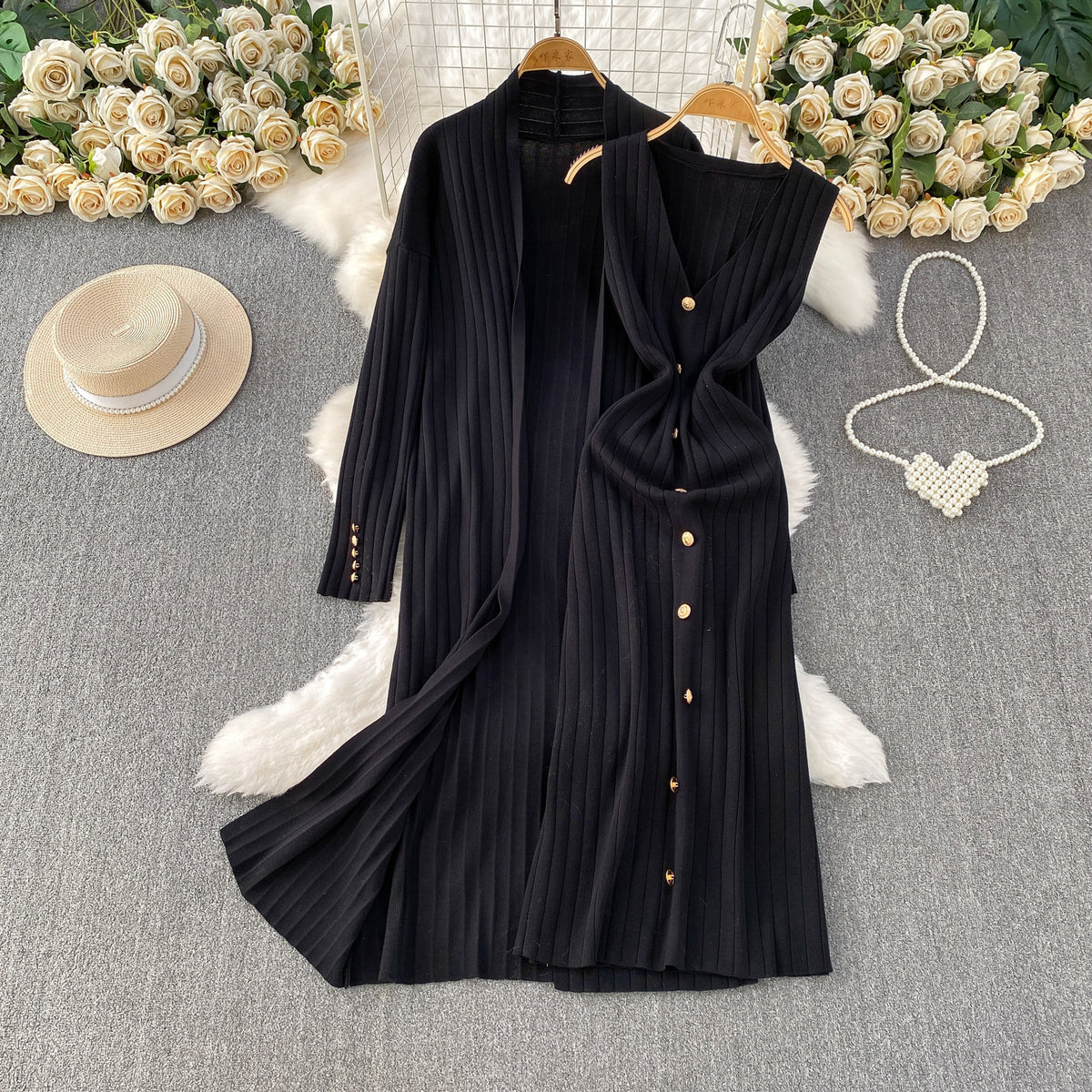 Elegant Knitted Shawl Jacket and Vest Dress Suit