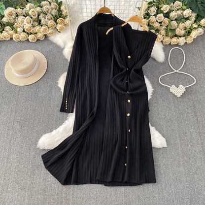Elegant Knitted Shawl Jacket and Vest Dress Suit