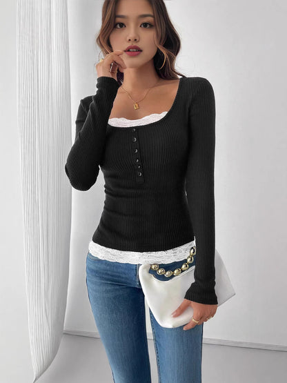 Women's Square Neck Lace Patchwork Slim Fit Long Sleeve Top