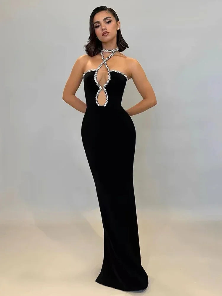 Zwarte strapless luxe strakke lange bandagejurk met steentjes en split
