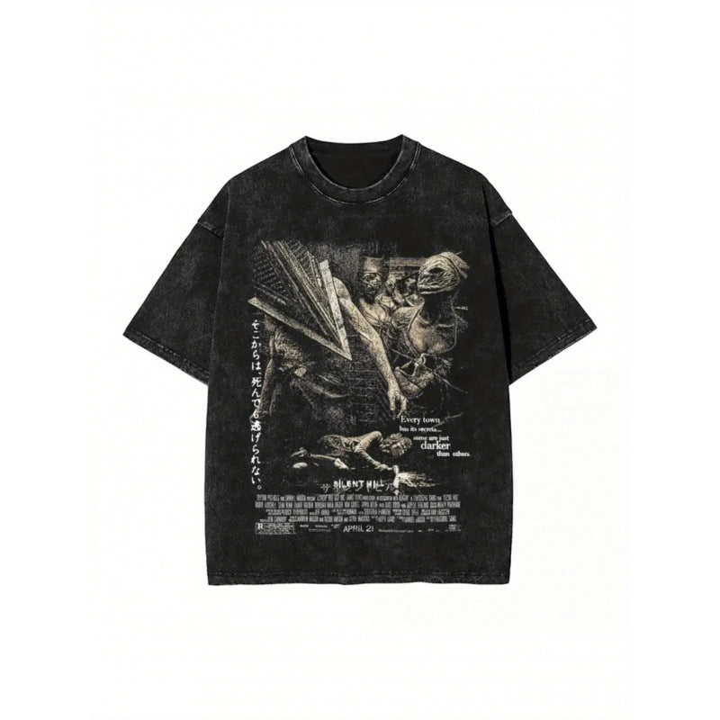 Summer New Silent Hill Pattern Printed T-Shirt Summer Cotton Washed Vintage Aged Short Sleeve