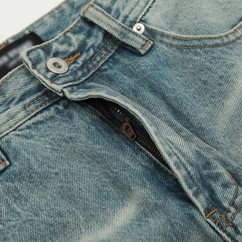 Ripped washed denim straight leg pants