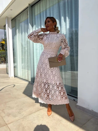 Lace Collar Puff Sleeve Slimming Long Dress