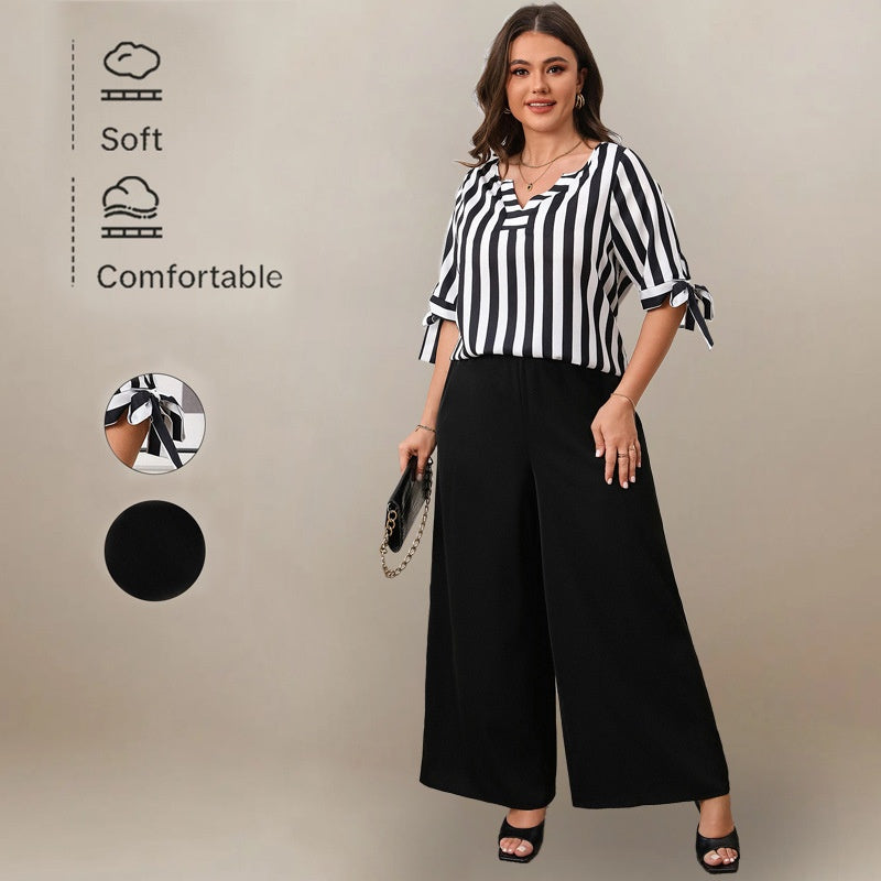 Fashionable Plus Size Loose Casual Striped Top and Wide Leg Pants Set