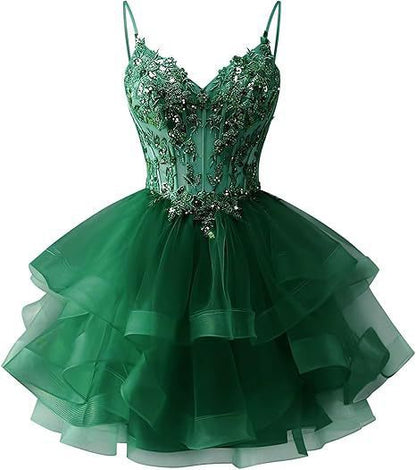 Spaghetti Strap Beaded Sequined Puffy Evening Dress