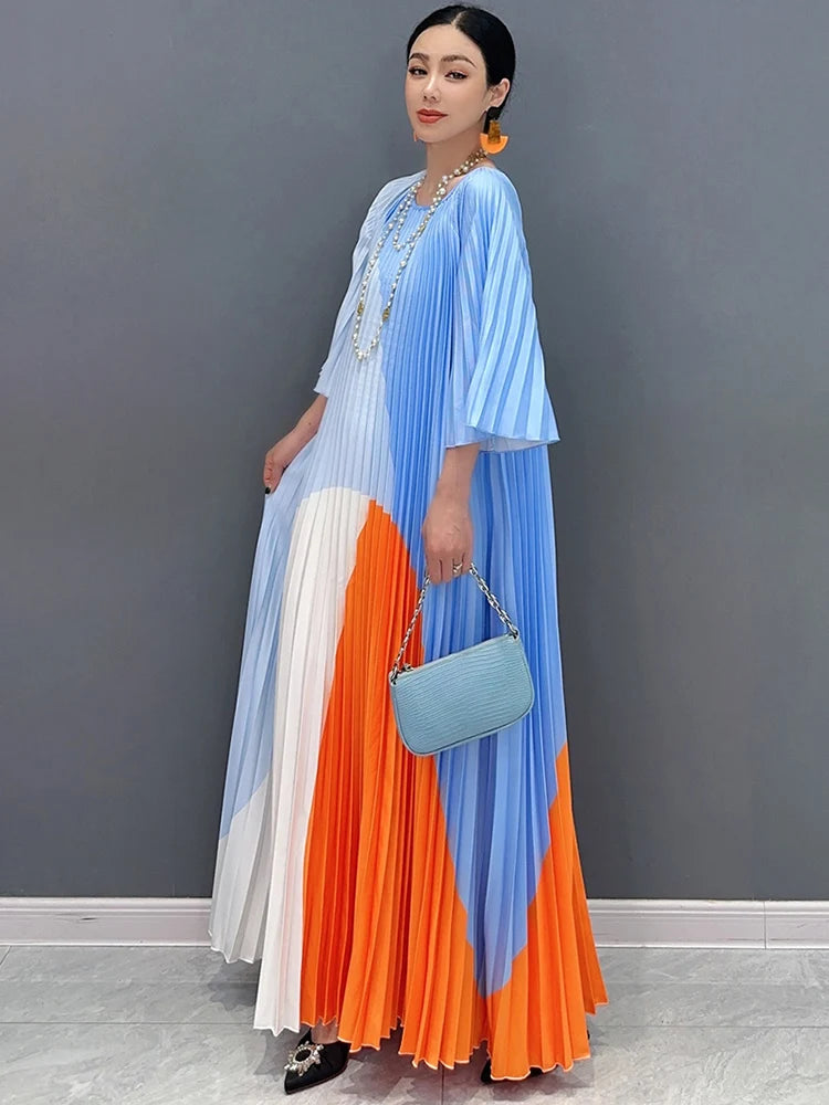 Summer New Hundred Pleated Printed Long Dress With O-Neck Half Sleeves Elegant Ladies Flare Women Dresses