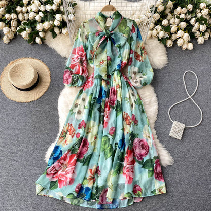 New Summer Print Chiffon Beach Dress Women Long Midi Big Swing Boho Vacation Dresses