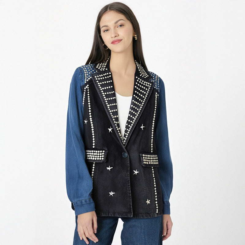 Mid Long Rivet Diamonds Denim Spliced Plaid Blazer Coat Women Autumn New Loose Vintage Black Jeans Patchwork Suit Jackets Female