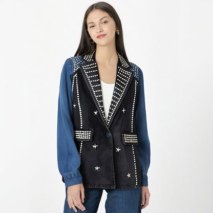 Mid Long Rivet Diamonds Denim Spliced Plaid Blazer Coat Women Autumn New Loose Vintage Black Jeans Patchwork Suit Jackets Female