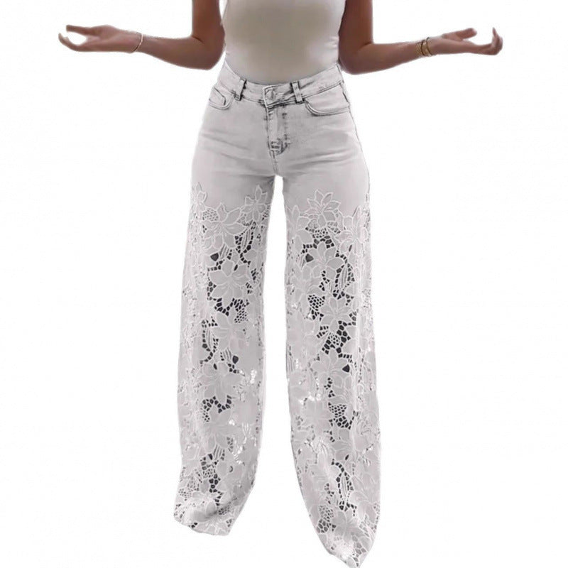 Damesbroek met hoge taille wijde pijpen en kantdetails