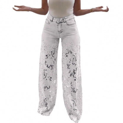 Damesbroek met hoge taille wijde pijpen en kantdetails