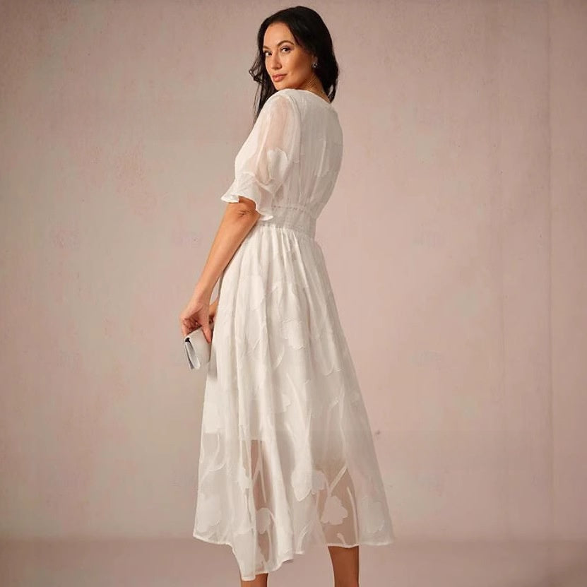 Womens Elegant V-Neck Jacquard A-Line Midi Dress