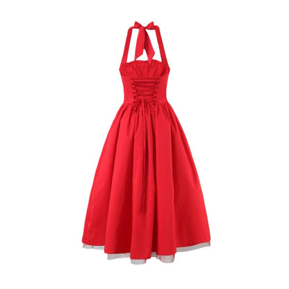French Backless Cross-Tie Halter Dress