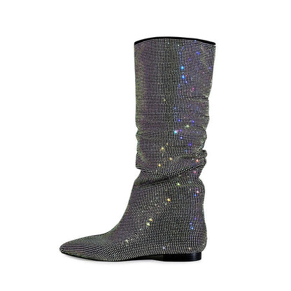 Pointed Flat Rhinestone Suede High Boots