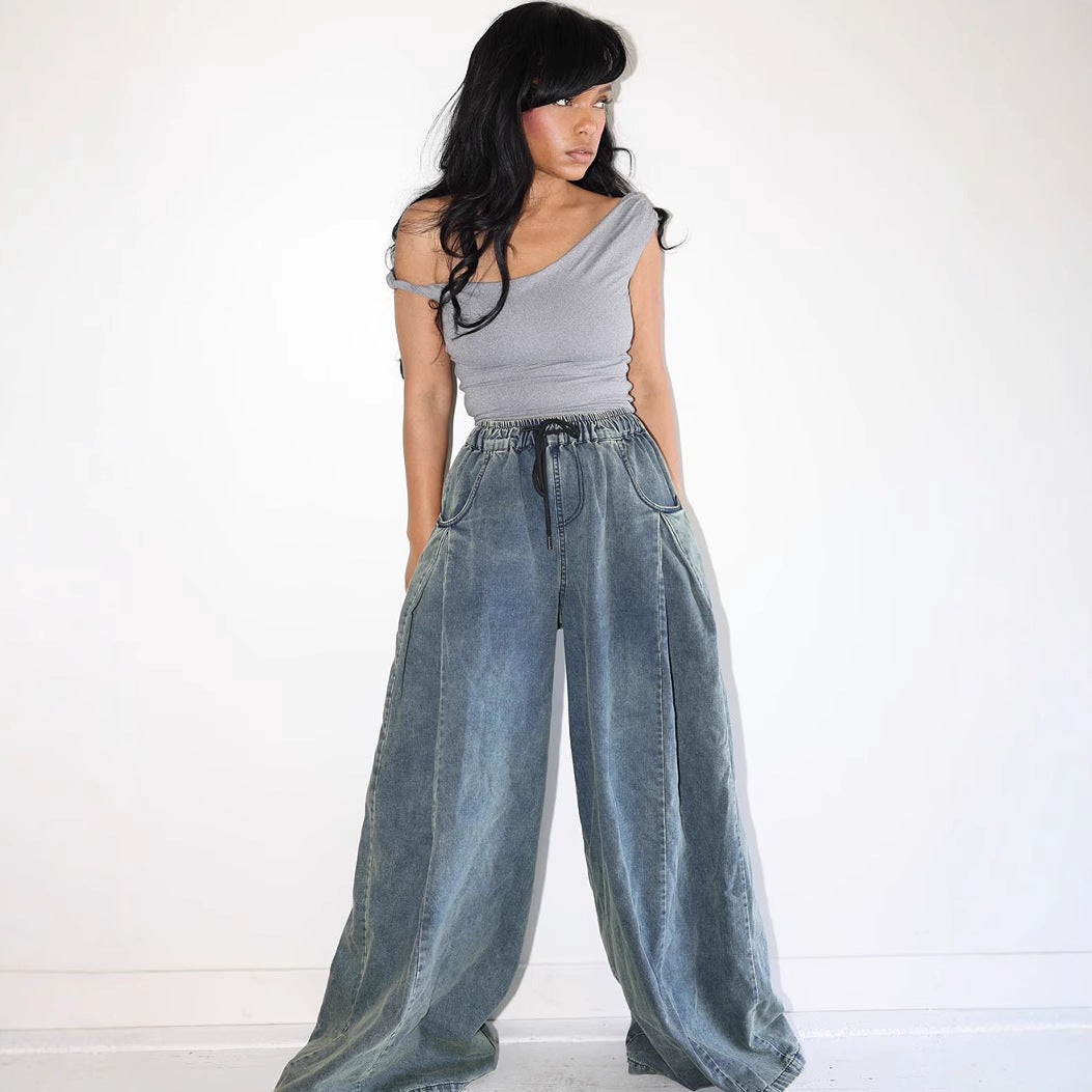 Casual Women's Straight Leg Jeans with Elastic Waist and Drawstring, Street Fashion StyleDenim Pants