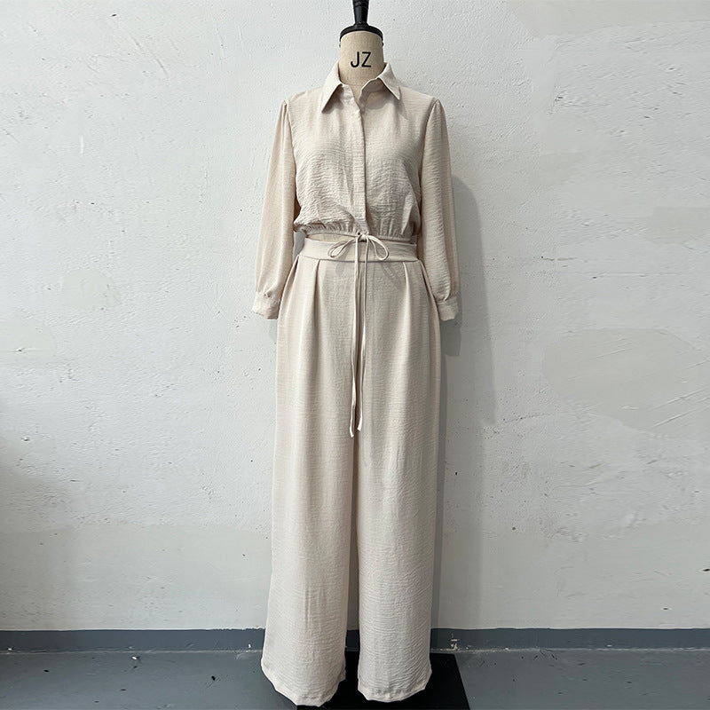 Drawstring Short Shirt Wide Leg Pants Set
