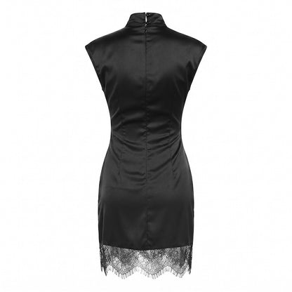 High neck lace patchwork slim fit sleeveless dress for women