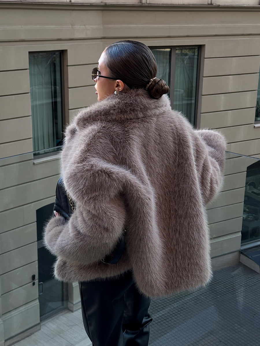 Women's Loose Fit Imitation Fur Coat Long Sleeve Suit Collar Winter Warm Outerwear