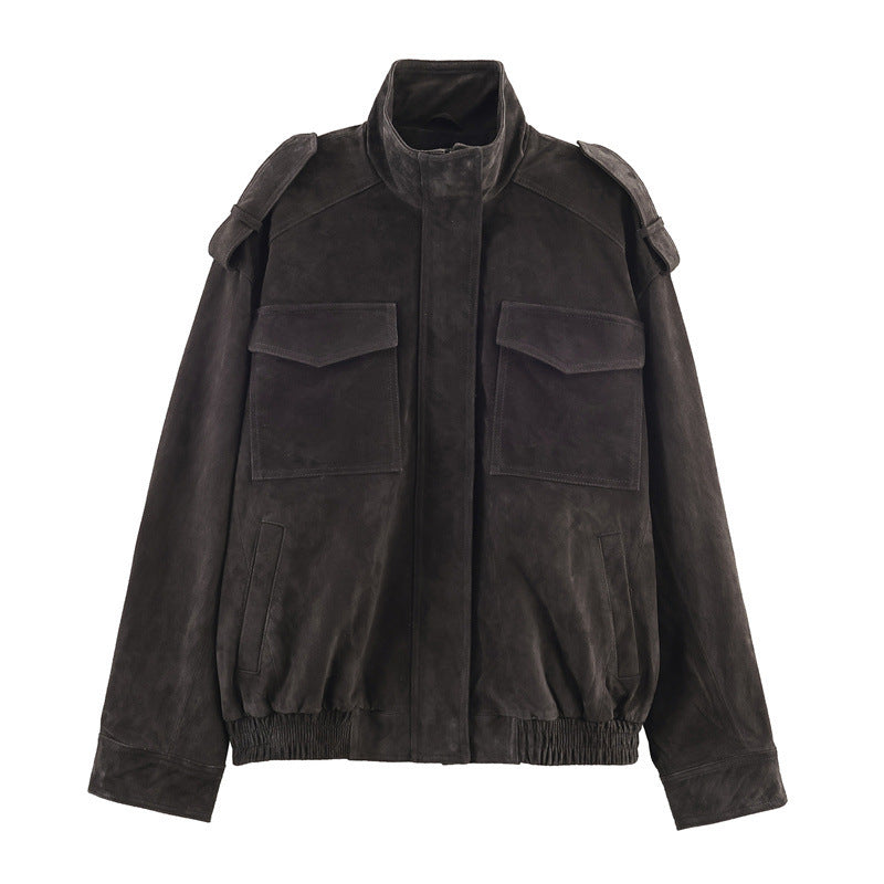 Women's Casual Stand Collar Leather Jacket Loose Long Sleeve Jacket