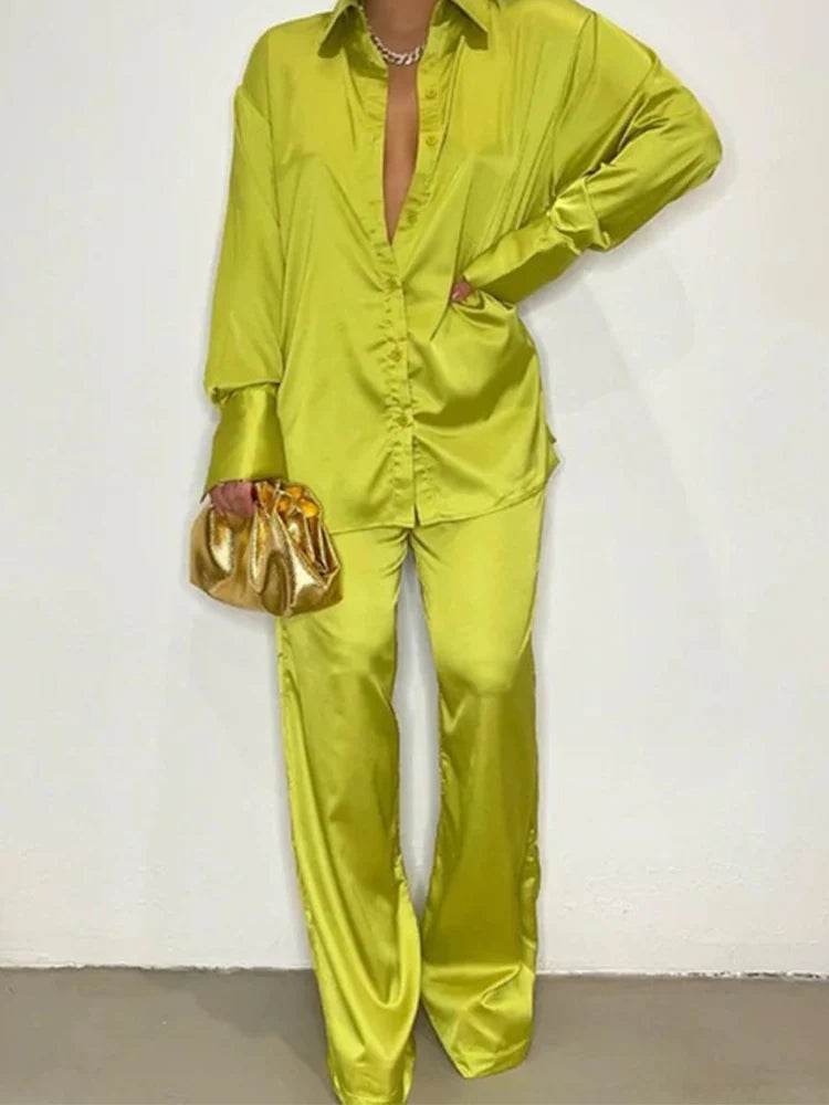 Elegant Satin Women's Matching Sets Casual Long Sleeve Shirt Straight Pants Suit Female  Loose Solid Tops Two Pieces Outfits