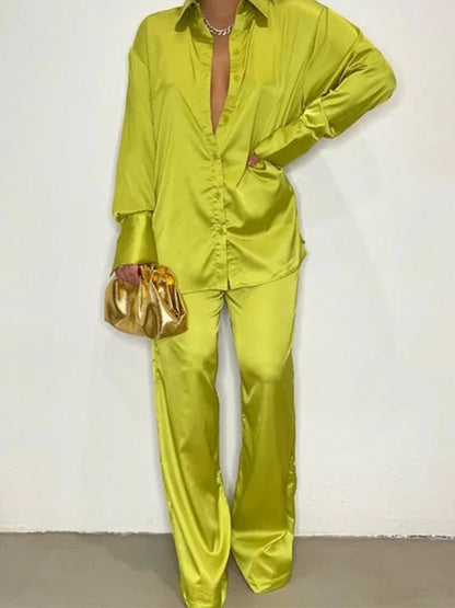Elegant Satin Women's Matching Sets Casual Long Sleeve Shirt Straight Pants Suit Female  Loose Solid Tops Two Pieces Outfits