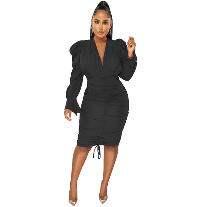 Fashionable Casual Solid Color Long Sleeve Pleated V-Neck Dress for Women